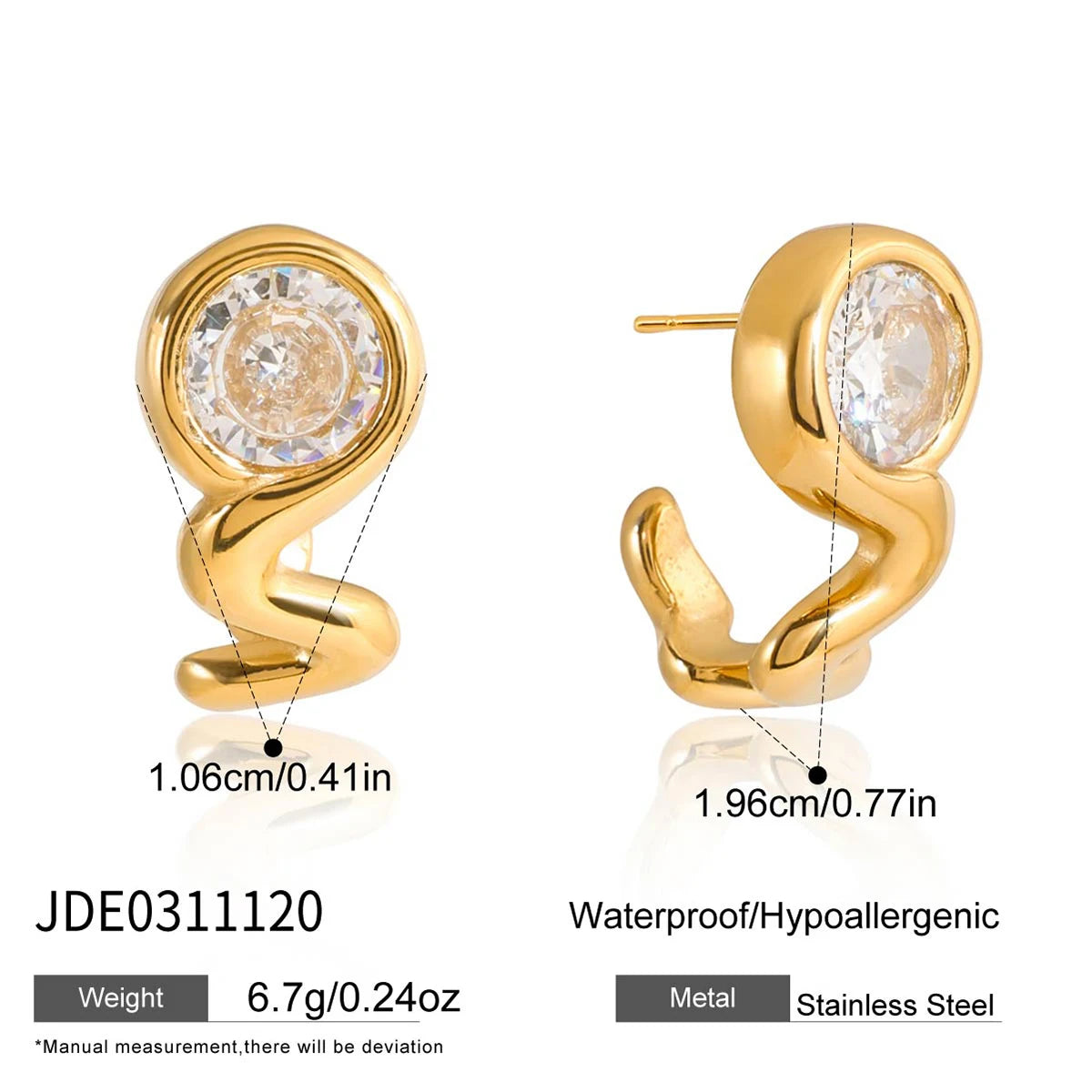 Kika White Round Zircon Wavy Geometric Earrings