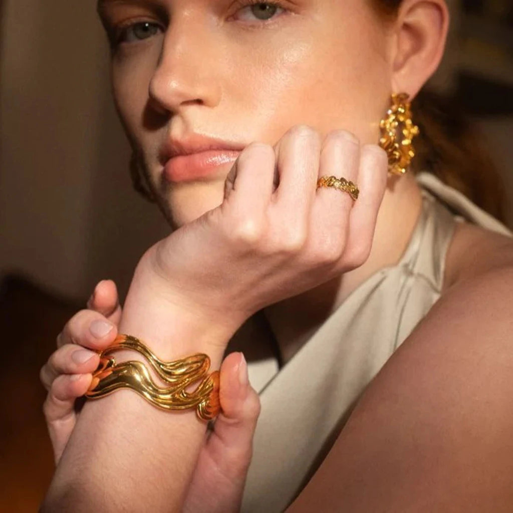KIKA Waterproof 316l Stainless Steel Irregular Exaggerated Big Cuff Bracelet Bangle Stylish Unique Design Golden Charm