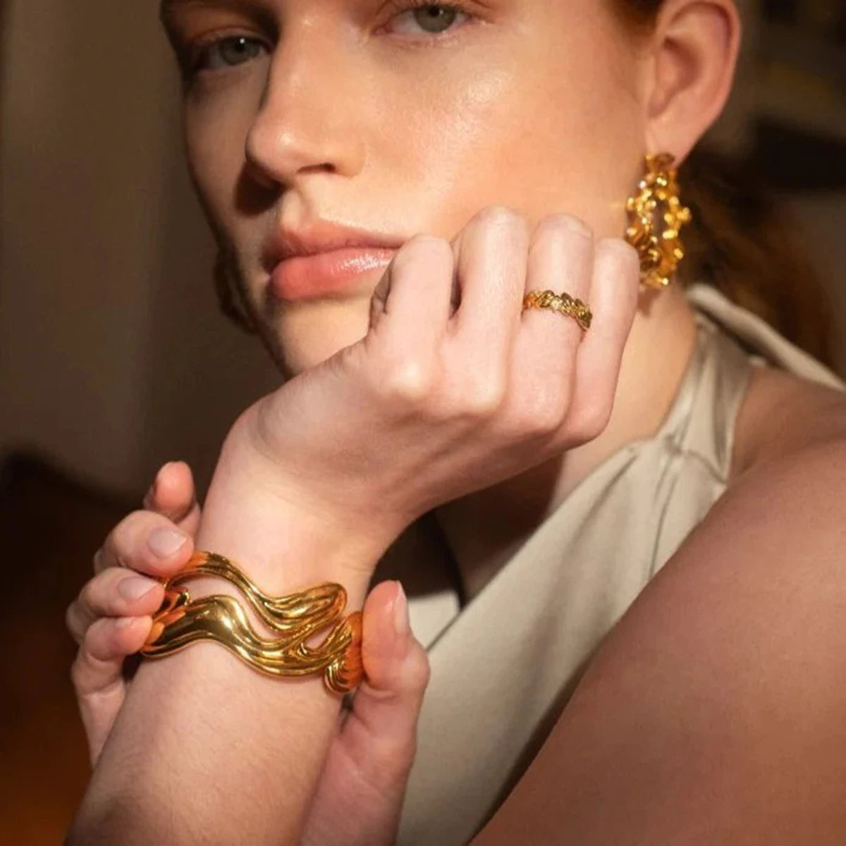 KIKA Waterproof 316l Stainless Steel Irregular Exaggerated Big Cuff Bracelet Bangle Stylish Unique Design Golden Charm