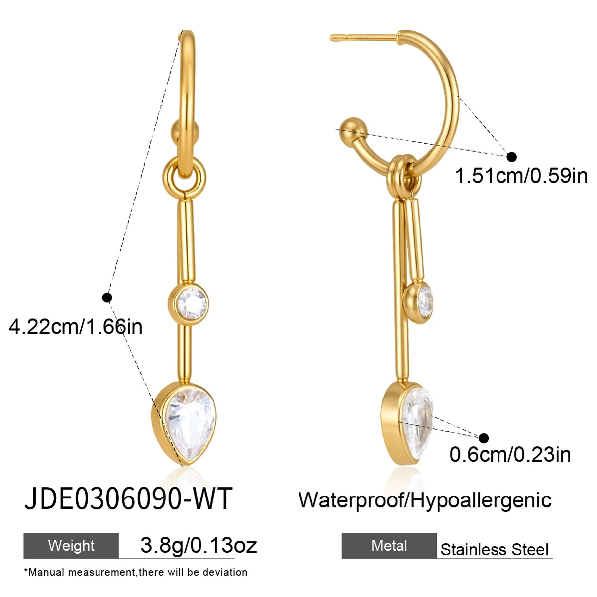 KIKA Geometric Zircon Long Drop Earrings PVD 18K Gold Plated Stainless Steel 316L
