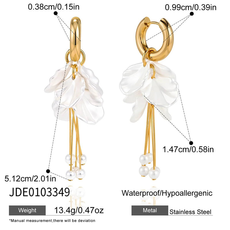 KIKA Delicate White Zircon Chain Acrylic Pearl Sheet Tassel Dangle OVD Plated Stainless Steel 316L
