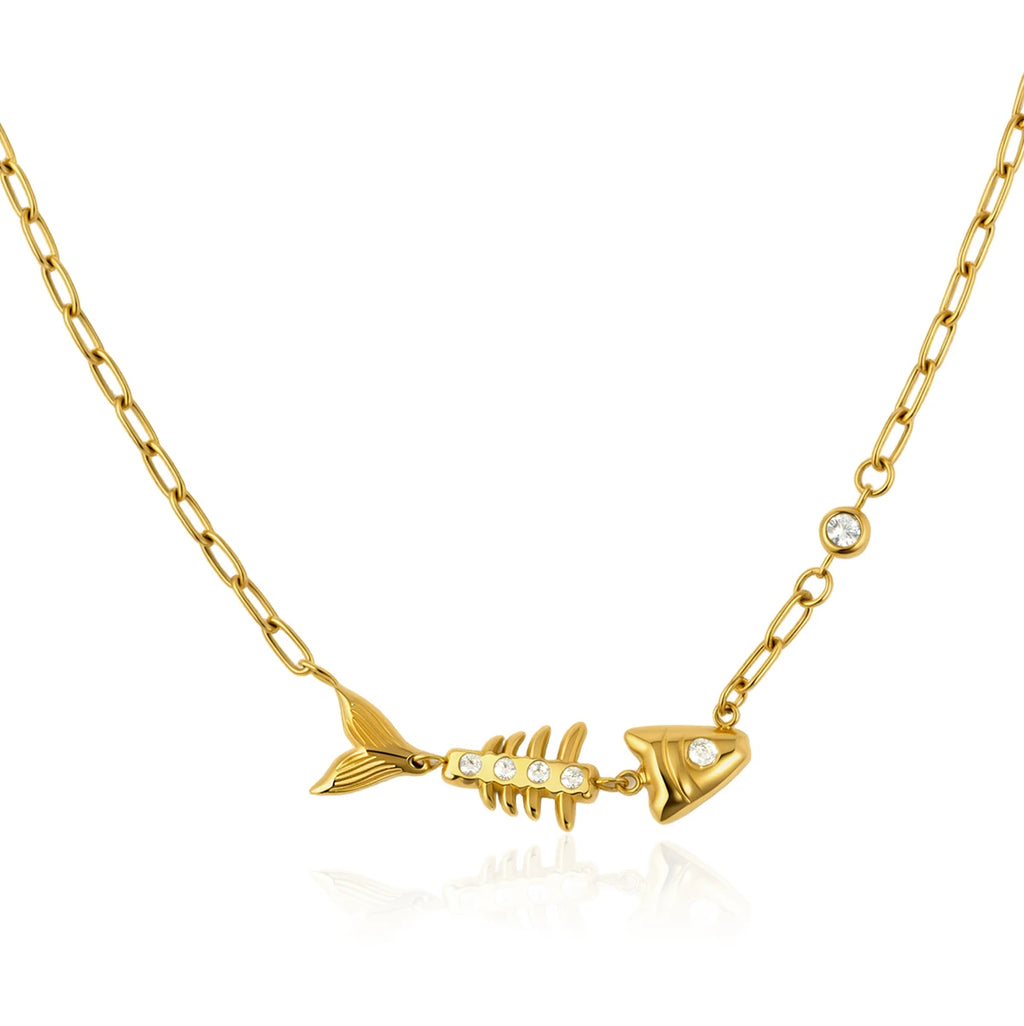 Kika Delicate White Zircon Fish Bone Pendant Necklace