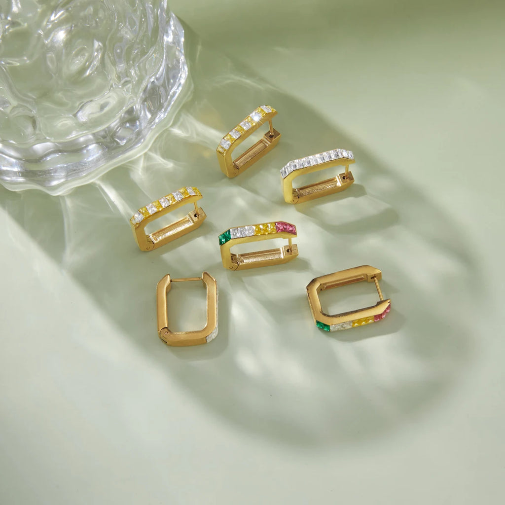 KIKA Delicate Colored Zircon U-Shaped Hoop Earrings PVD Plated Stainless Steel 316L