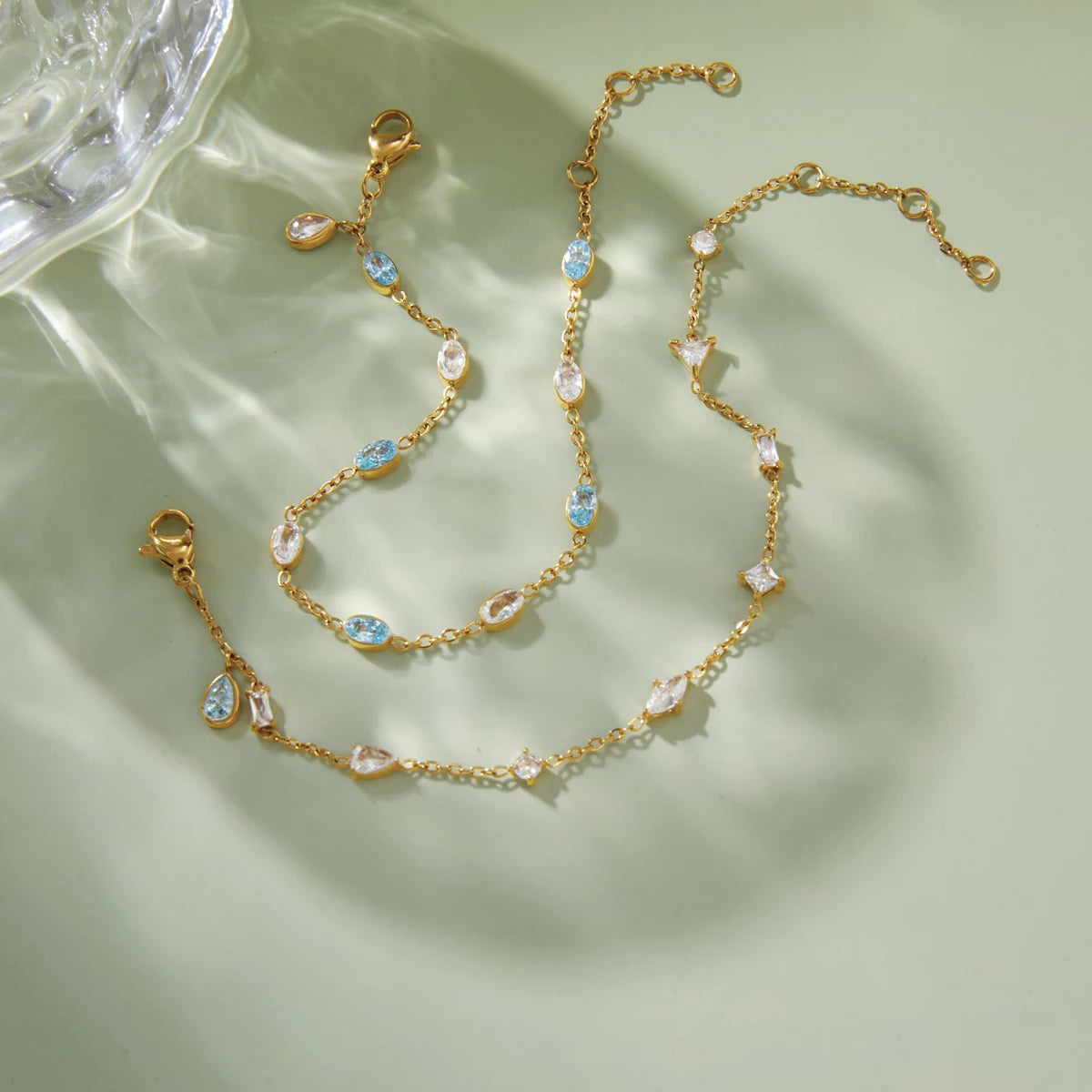 KIKA Delicate White Blue Geometric Droplet Shaped Zircon Bracelet PVD Gold Plated Stainless Steel 316L