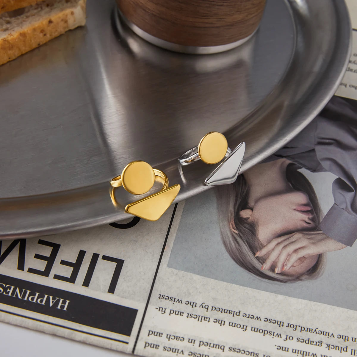 KIKA Minimalist Classic 18K Gold Color PVD Plated Stainless Steel 316L Geometric Pattern Asymmetric Ring Waterproof