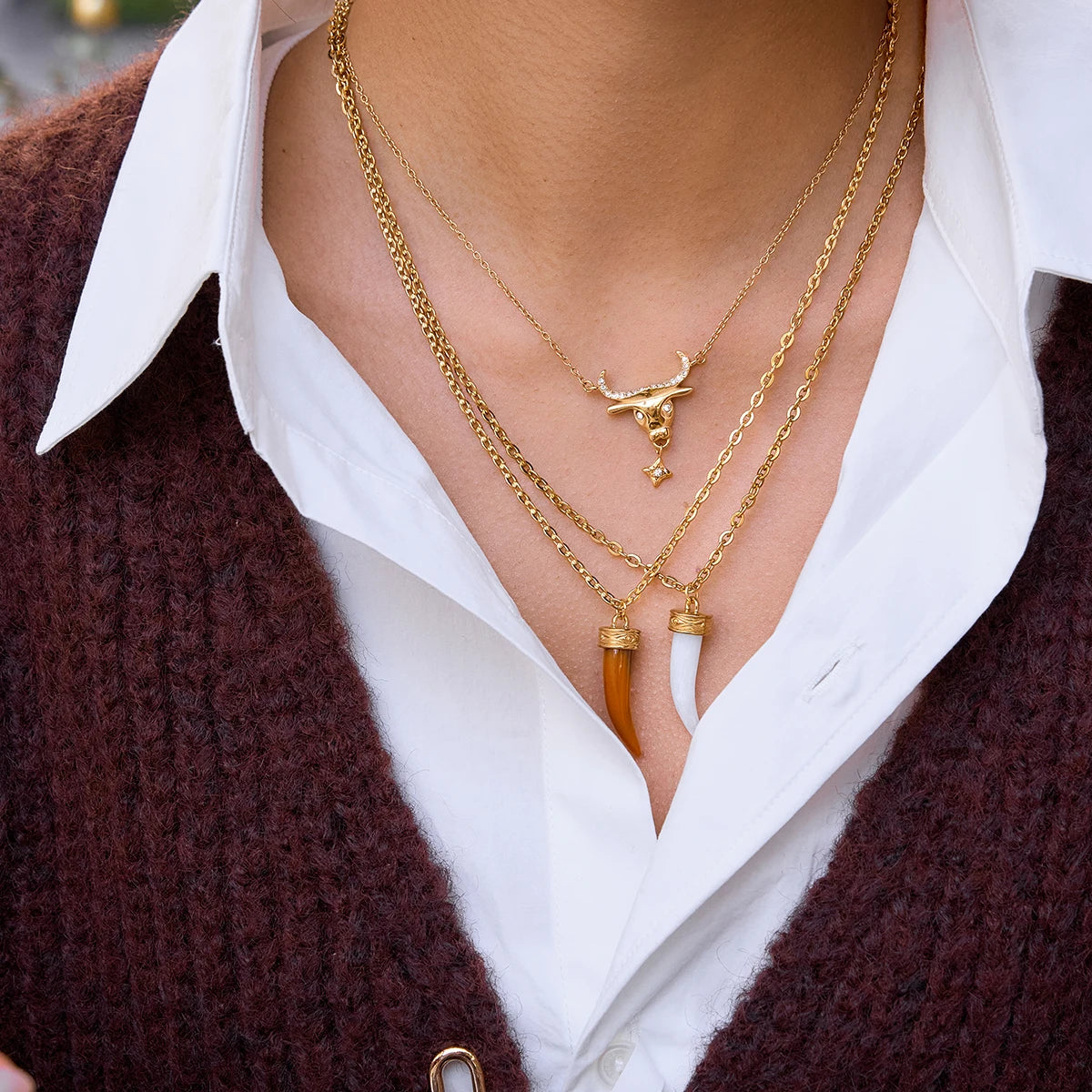 Vintage White Brown Resin Ox Horn Pendant Cross Chain Necklace