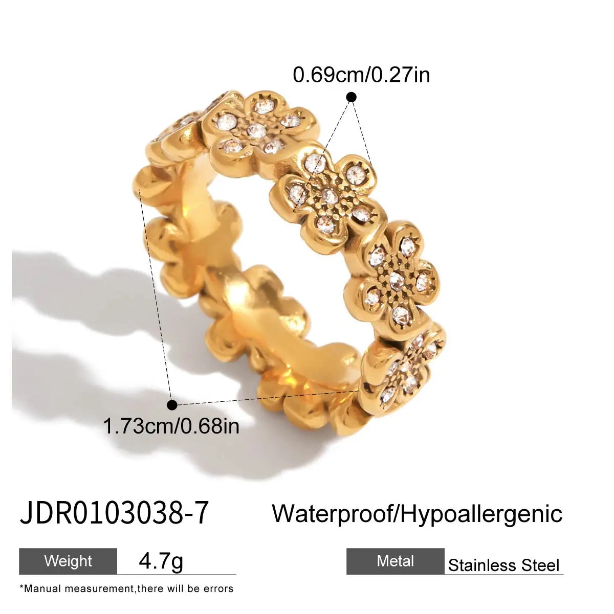 KIKA Minimalist 18K Gold Color PVD Plated Stainless Steel 316L Geometric Zircon Flower Ring Stackable Texture Ring