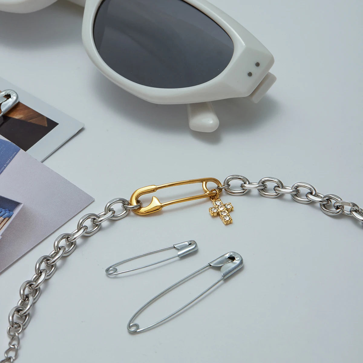 KIKA  Minimalist Two Tone Zircon Cross Pendant Paper Clip Bracelet Stainless Steel 316L Stackable Bracelet
