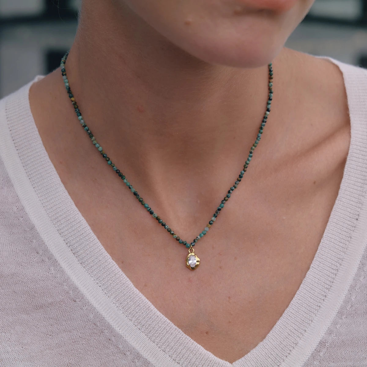 KIKA Vintage Geometric Pendant Natural Stone Beaded Necklace For Women Minimalist 18K Gold PVD Plated Stainless Steel Necklace