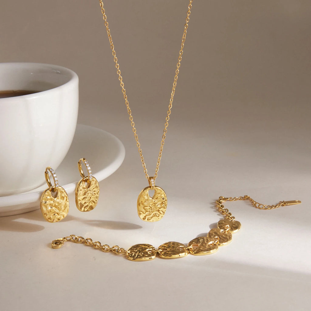 Kika Vintage Geometric Coin Necklace Earrings Bracelet Jewelry Set Gold PVD Plated Stainless Steel Jewelry Set