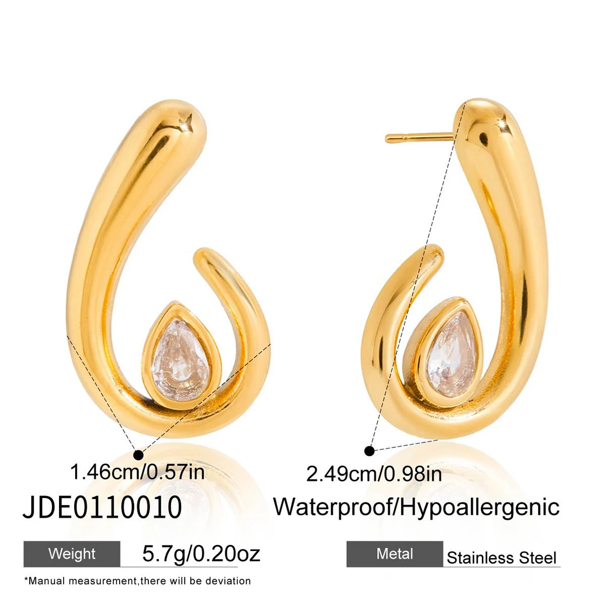 KIKA Classic Spiral Drop Earrings With White Zircon PVD Gold Plated Stainless Steel 316L Rings