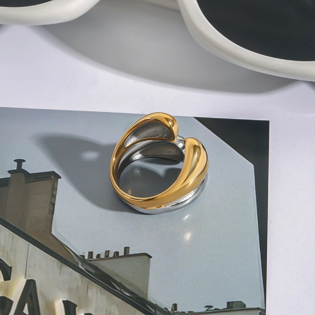 KIKA Fashion Statement Two Tone Ring 18k Gold Color PVD Plated Stainless Steel 316L Double layered Smooth Ring Stackable Ring