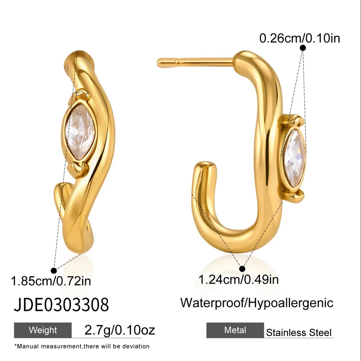 Kika Delicate White Horse Eye Zircon Wave C-Shaped Earrings