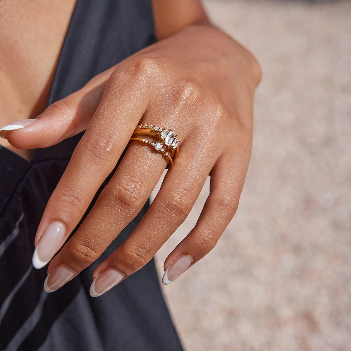 Kika Minimalist Classic 18K Gold Color Plated Stainless Steel Square Zircon Ring