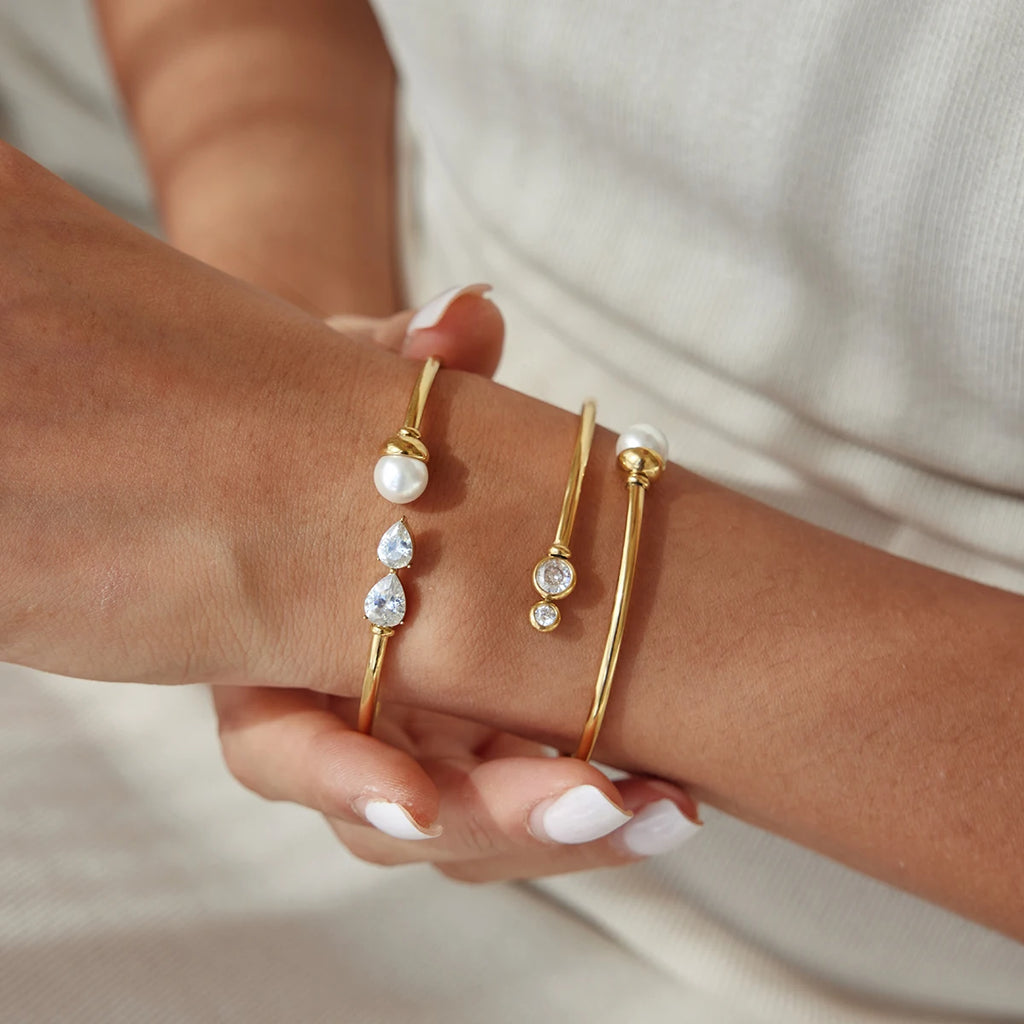 KIKA Imitation Pearl Geometric Zircon Soft Hollow Tube Cuff Bracelet For Women 18K Gold Plated Stainless Steel Bangle Jewelry