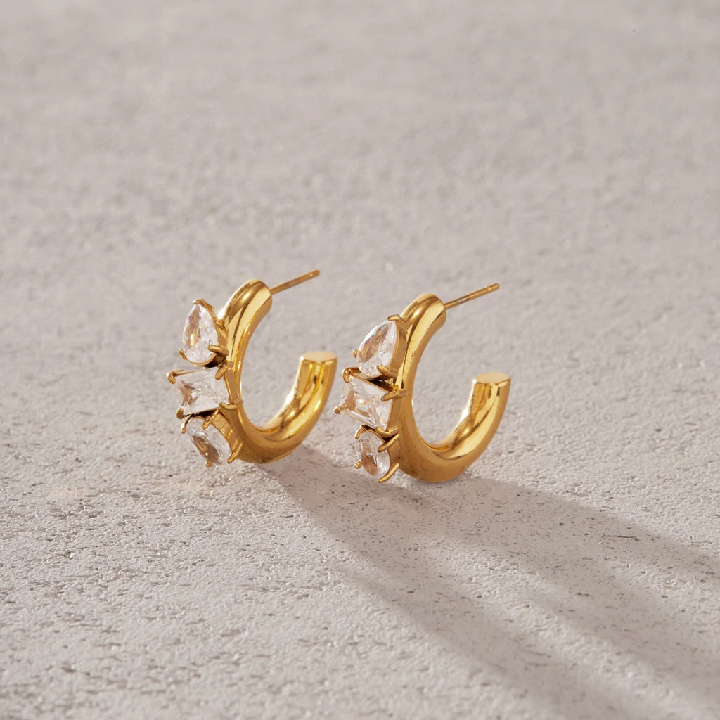 KIKA Geometric Zircon C Shape Stud Earrings 18K Gold PVD Plated Stainless Steel 316L