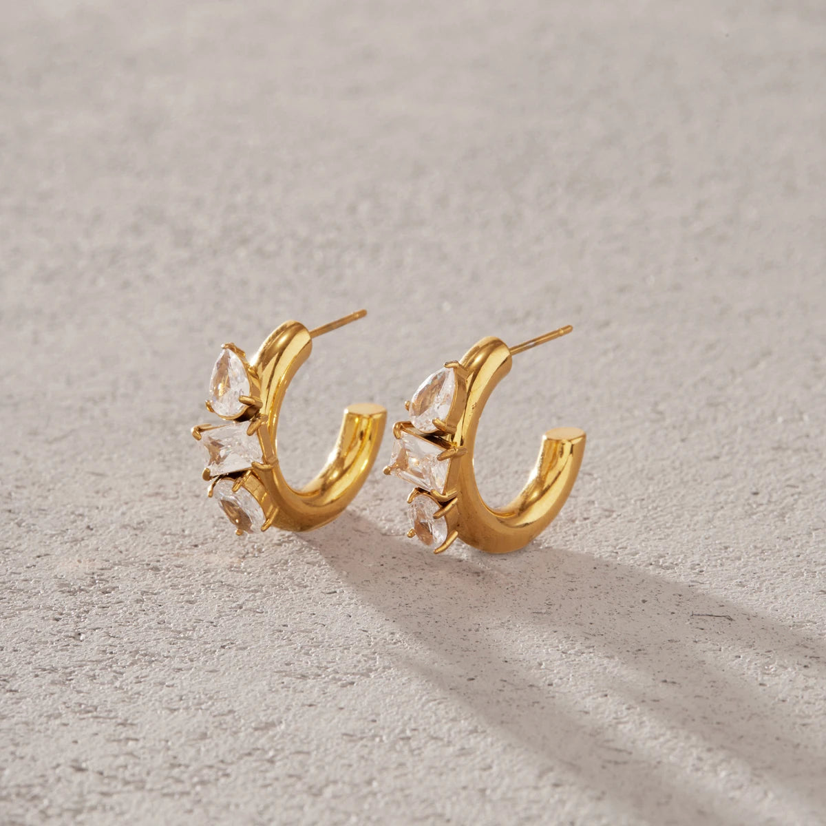 KIKA Geometric Zircon C Shape Stud Earrings 18K Gold PVD Plated Stainless Steel 316L