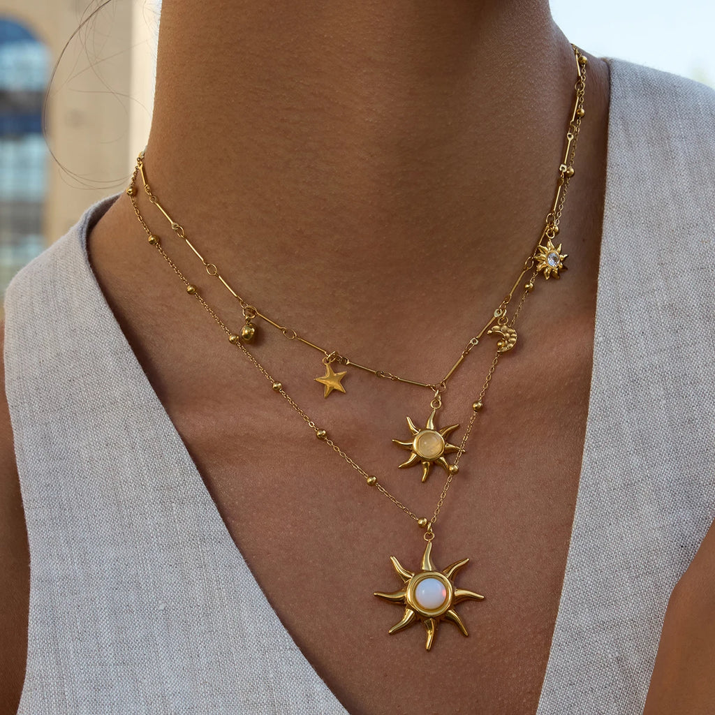 Kika  Designer Classic Opal Sun Pendant Bead Chain Necklace