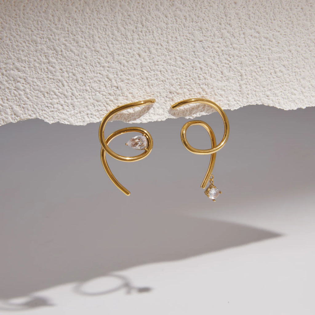 Kika Asymmetric Water Drop Round Zircon Spiral Stud Earrings