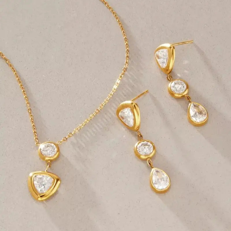 KIKA Elegant Geometric Zircon Pendant Necklace Earrings For Women Minimalist 18K Gold PVD Plated Stainless Steel 316L