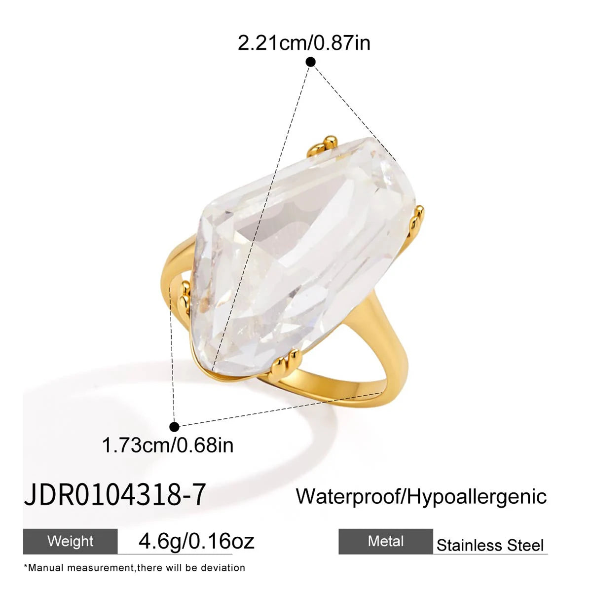 KIKA Chunky Big Crystal Glass Stone Rings PVD Plated Stainless Steel 316L
