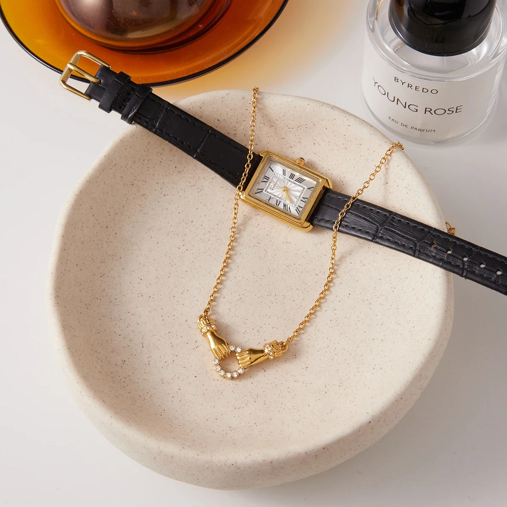 kika White Rhinestone Friendship Hand Shape Round Hollow Out Necklace