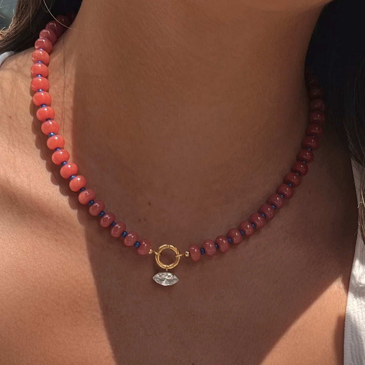 Kika Natural Stone Bead Chain Geometric Zircon Pendant Necklace