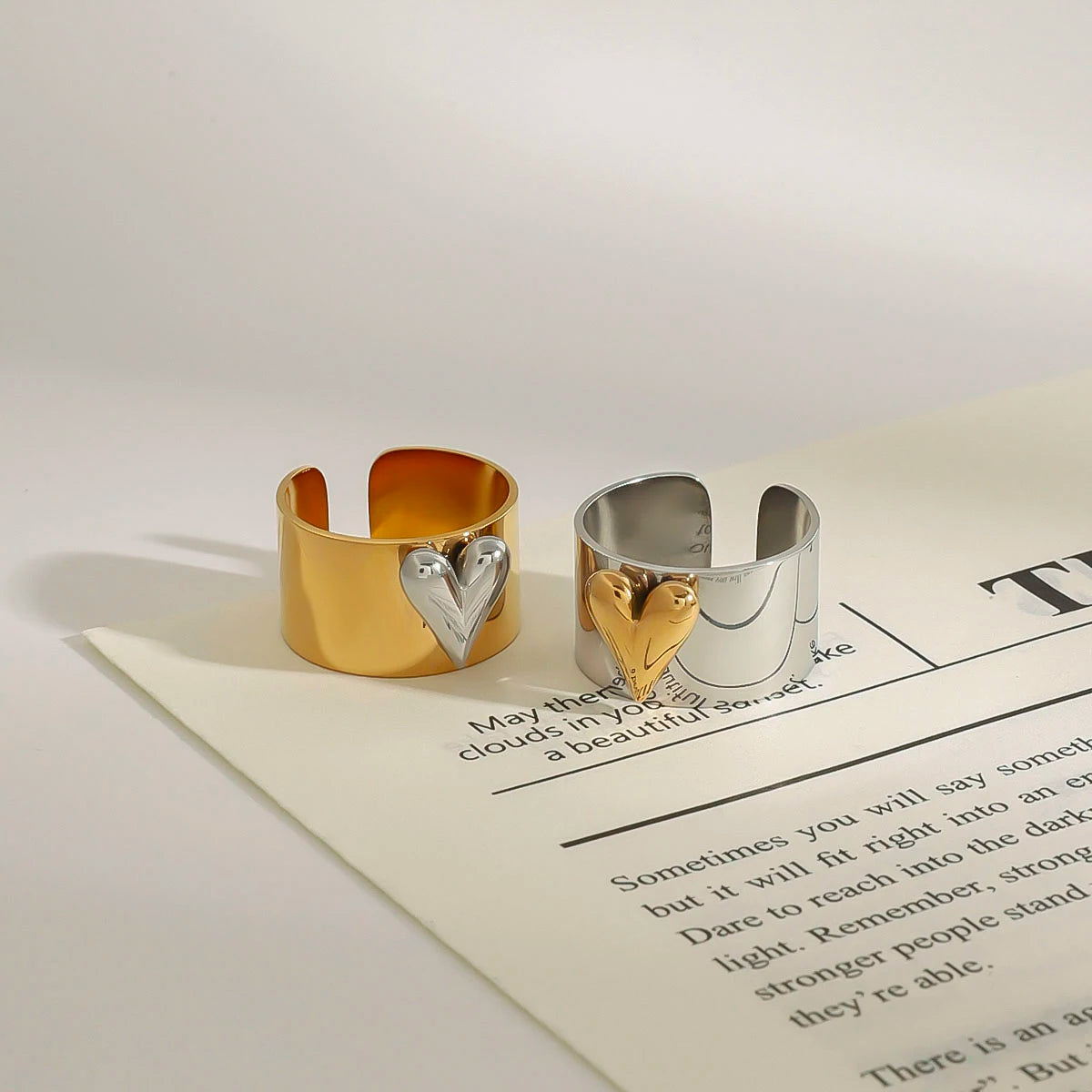 Kika Minimalism Gold And Silver Color Large Heart Cocktail Ring