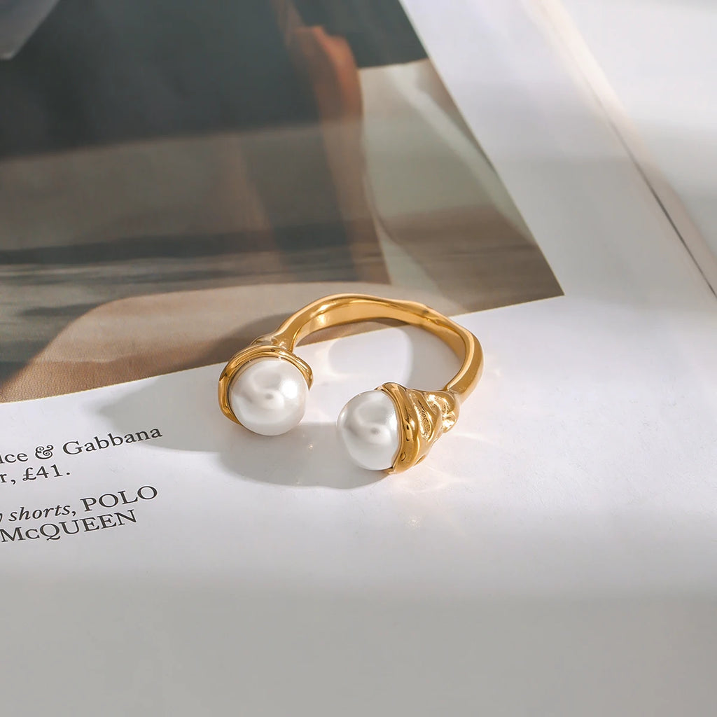 Kika Minimalist 18K Gold Color Plated Stainless Steel Pearl Ring