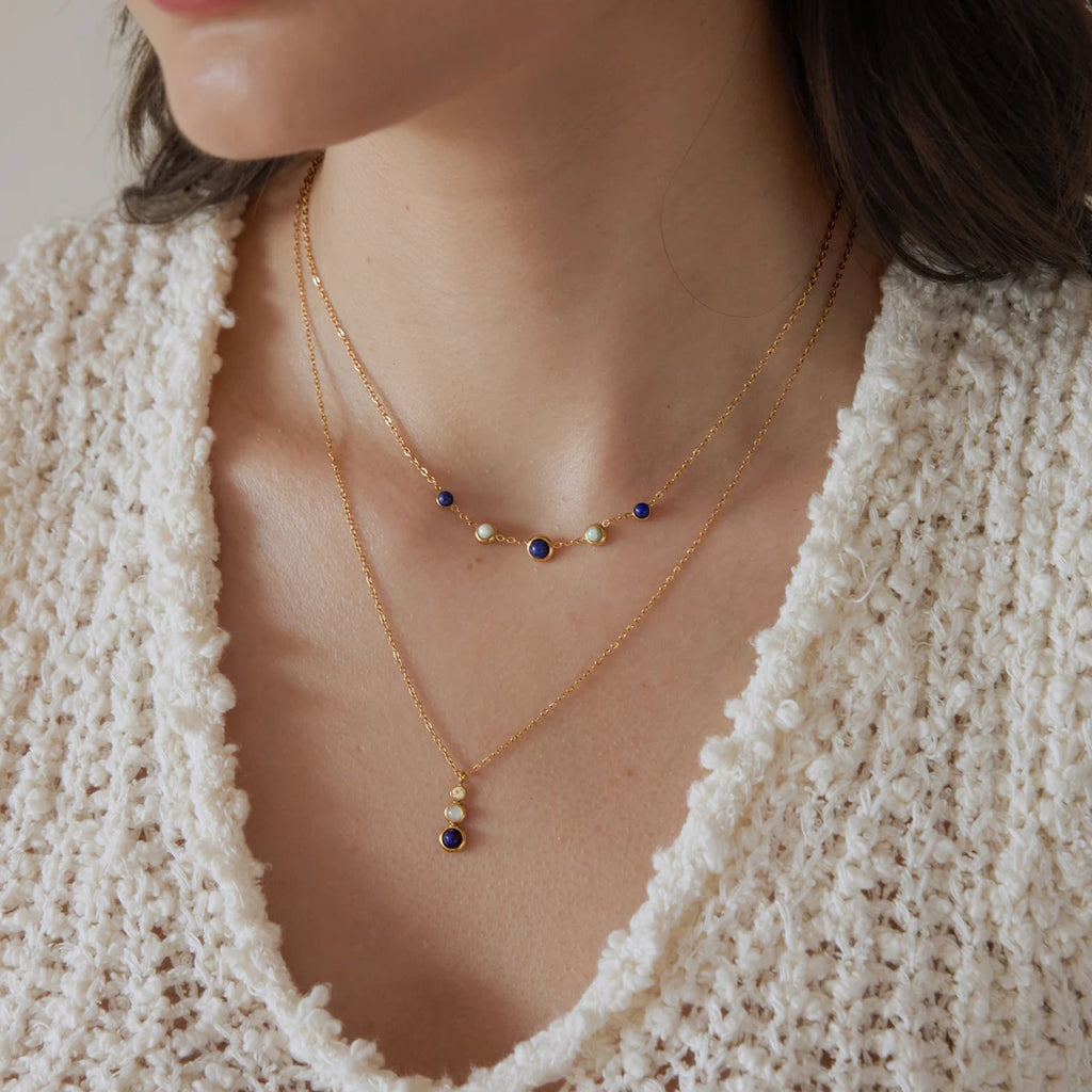 KIKA Lapis Lazuli Stone Zircon Pendant Necklace For Women Minimalist 18K Gold Plated Stainless Steel Necklace 316L