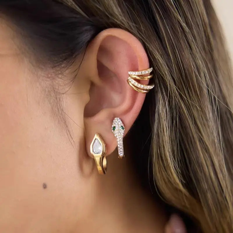 Kika Green Zircon White Crystal Snake Shape Clip Earrings