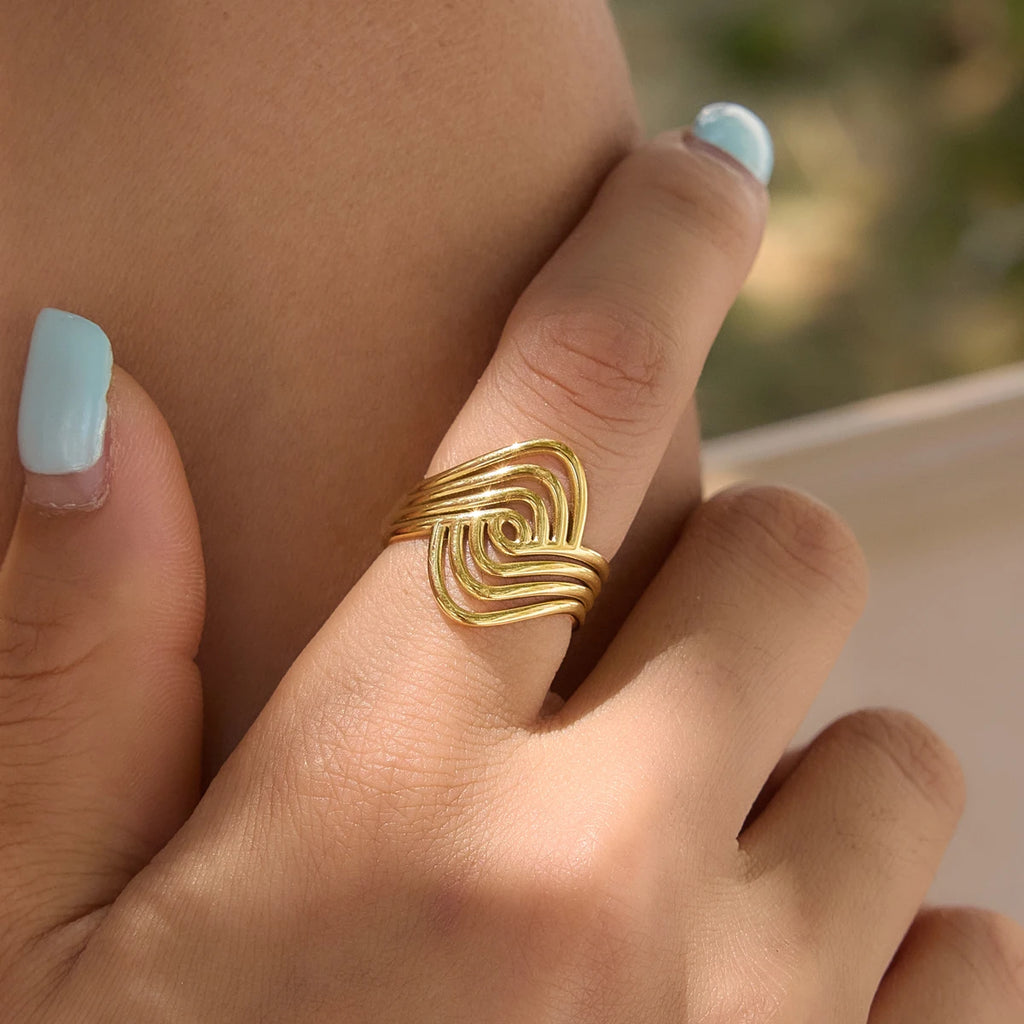 KIKA Classic Irregular Multi-Layer Hollow Linear Opening Ring PVD Gold Plated Stainless Steel 316L