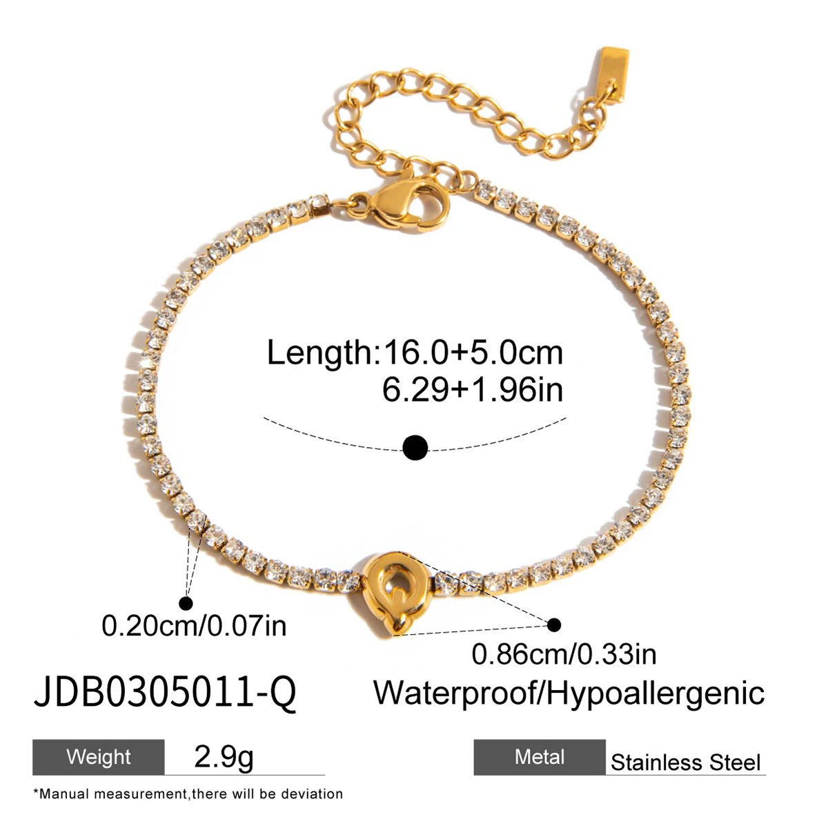 Stainless Steel White Rhinestone Chain Twelve Letter Bracelet