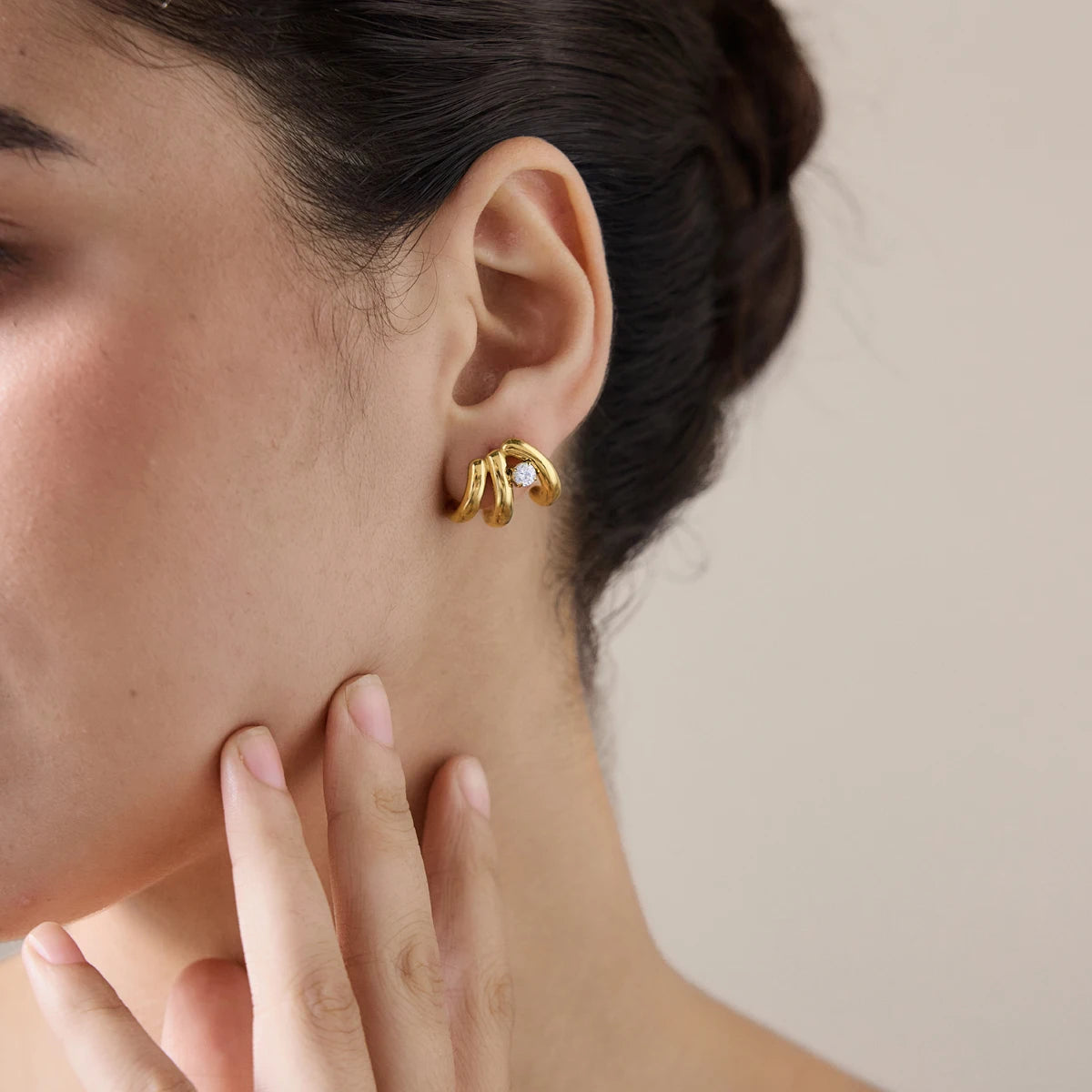 KIKA Round Zircon Multilayer C Shape Stud Earrings For Women 18K Gold PVD Plated Stainless Steel Earrings Fashion Jewelry Gift