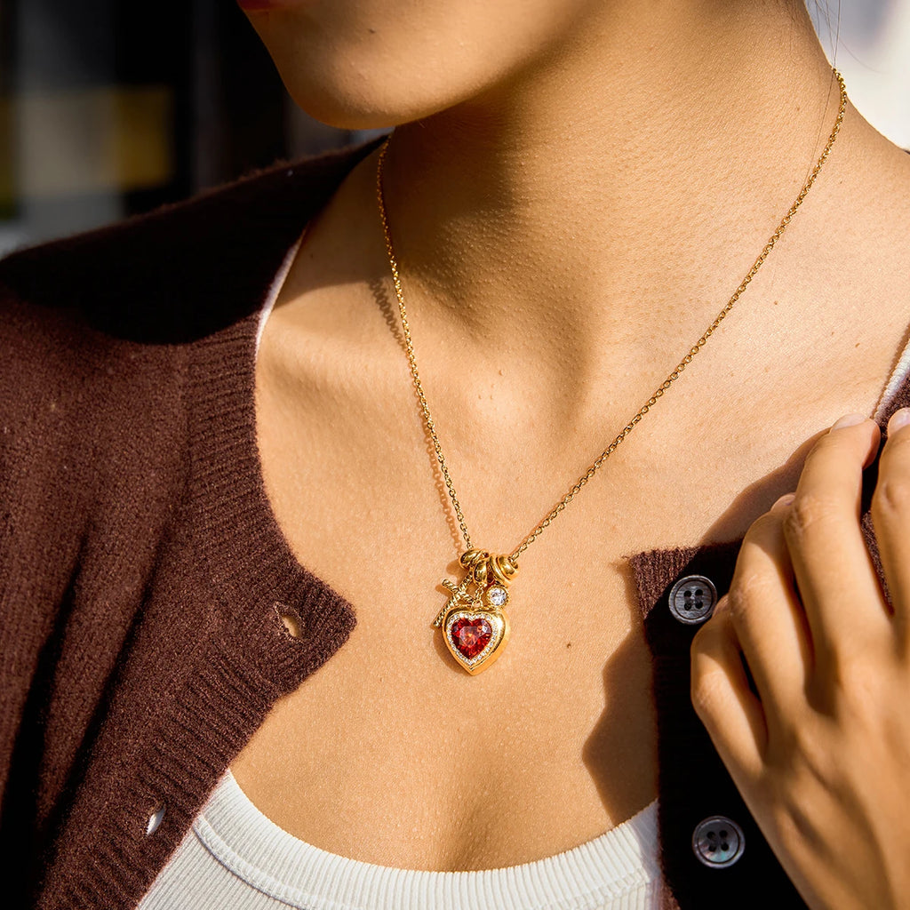 Classic Cross Red Zircon Heart Rhinestone Necklace