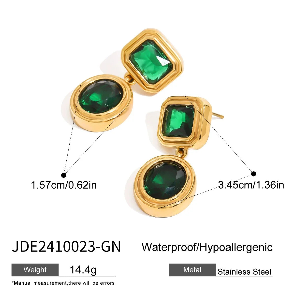 Kika Retro 18K Gold Color Stainless Steel Green Zircon Geometric Earrings