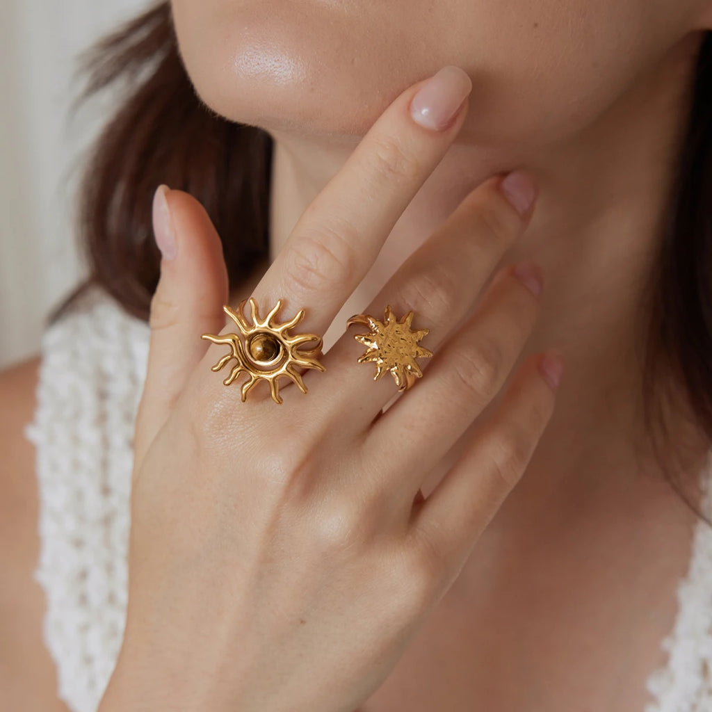 KIKA Vintage Tiger Eye Stone Sprial Sun Open Rings For Women 18K Gold PVD Plated Stainless Steel 316L