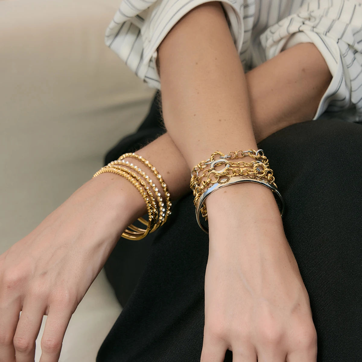KIKA Delicate Gold And Silver Color Blocked Multi Ring Winding Chain Bracelet  PVD Plated Stainless Steel 316L