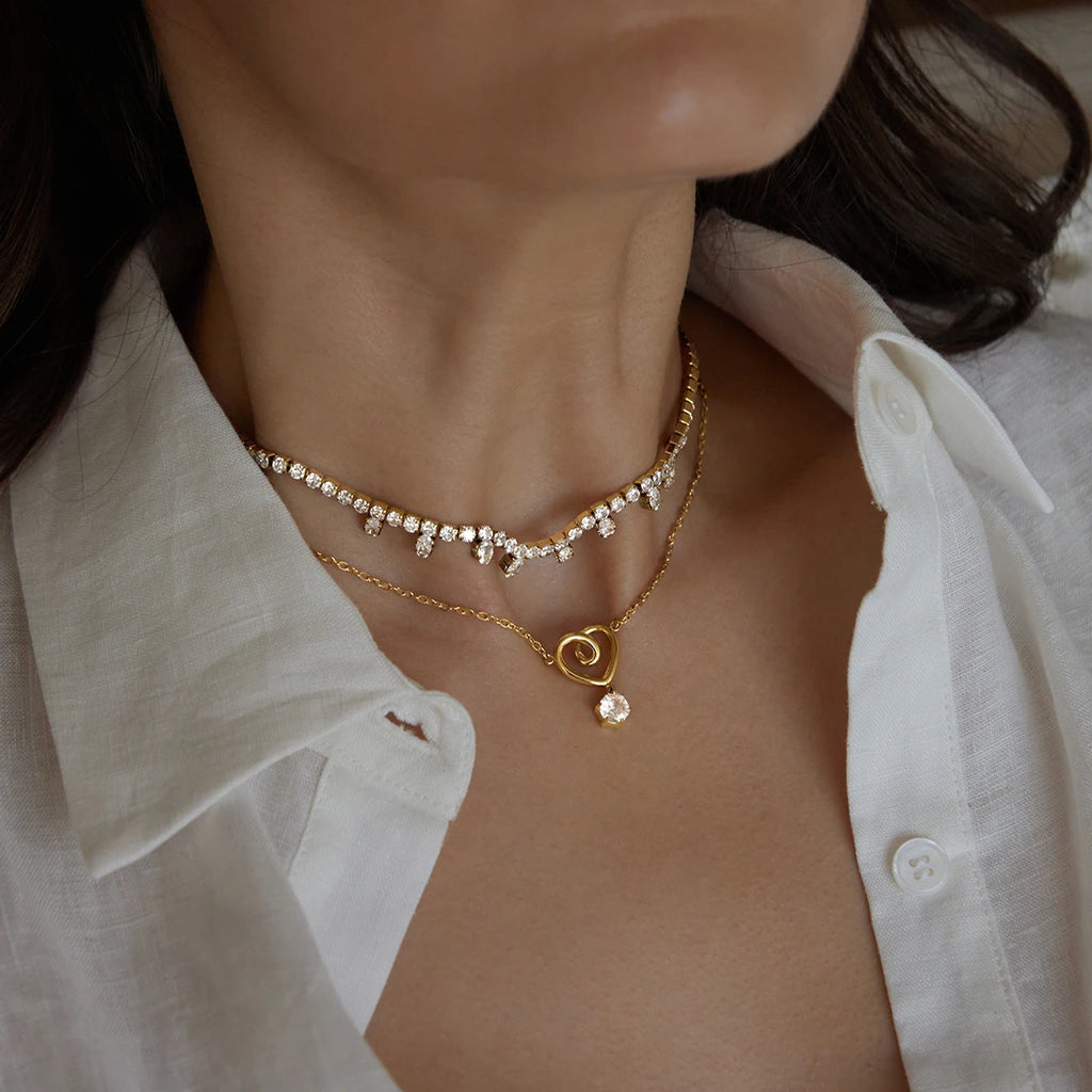 KIKA Twisted Heart Round Zircon Pendant Necklace For Women Minimalist 18K Gold Plated Stainless Steel Necklace Fashion Jewelry