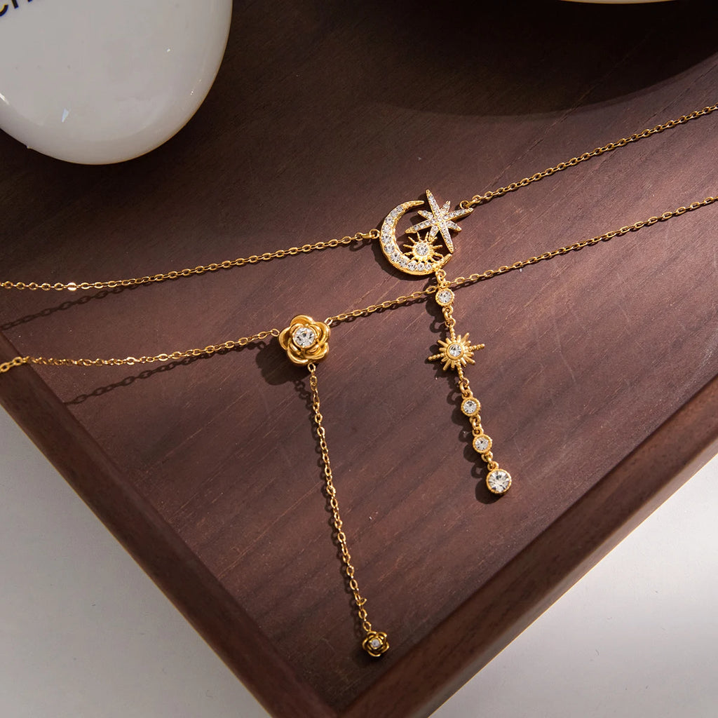 Kika Rhinestones Flower Star Moon Pendant Y-Shaped Chain Necklace