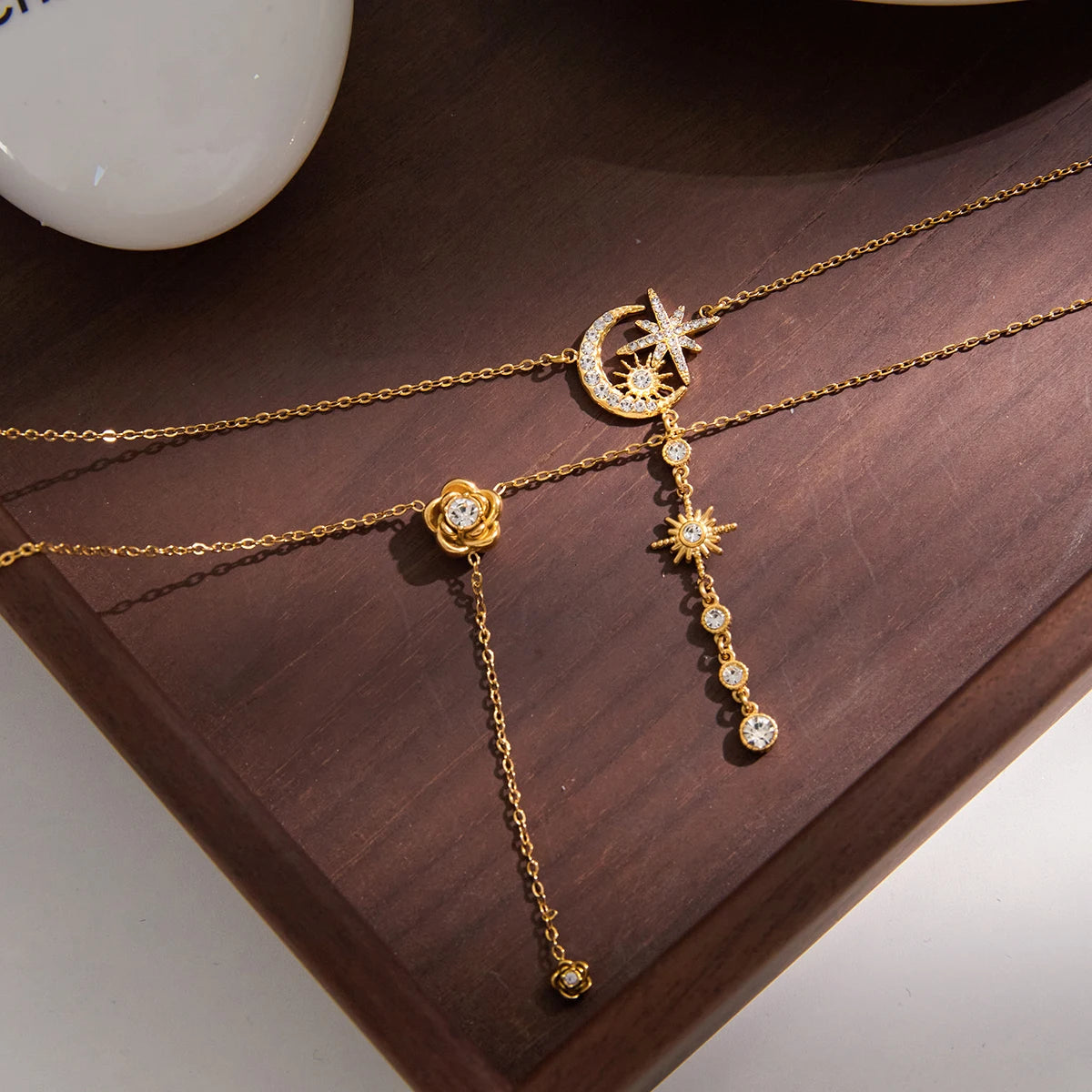 Kika Rhinestones Flower Star Moon Pendant Y-Shaped Chain Necklace