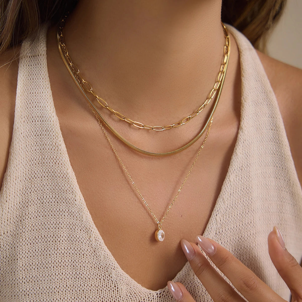 Kika Delicate Three Layer Snake Bone Paperclip Chain Necklace