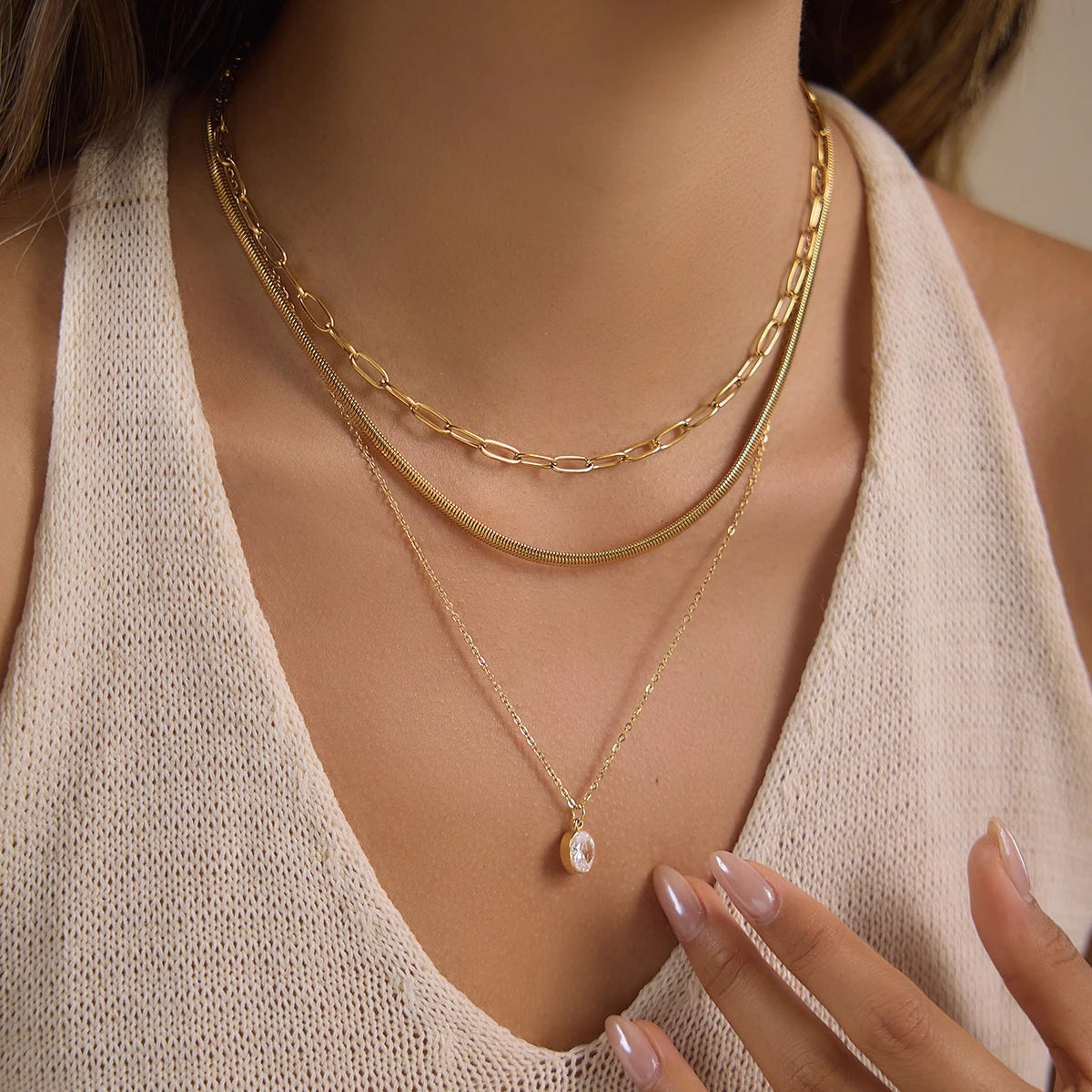 Kika Delicate Three Layer Snake Bone Paperclip Chain Necklace