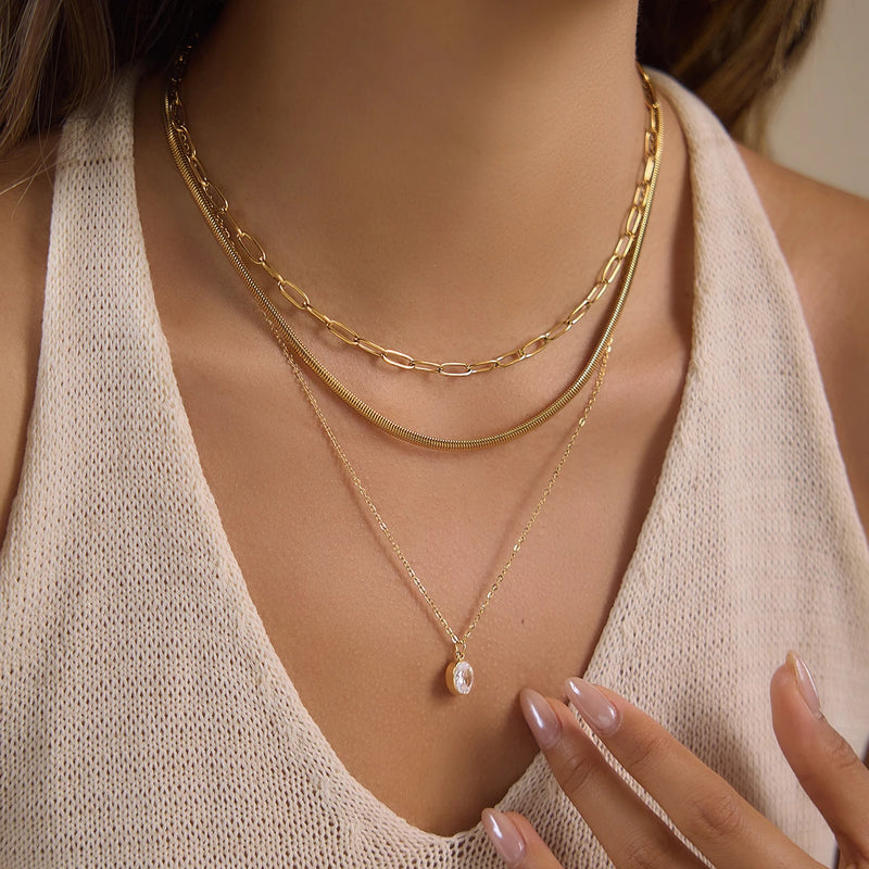 Kika Delicate Three Layer Snake Bone Paperclip Chain Necklace