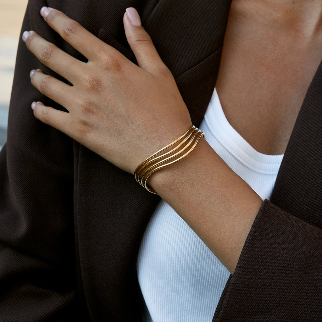 Kika Minimalist 18K Gold Color Plated Stainless Steel Multi Layer Line Hollow  Bracelets Woman