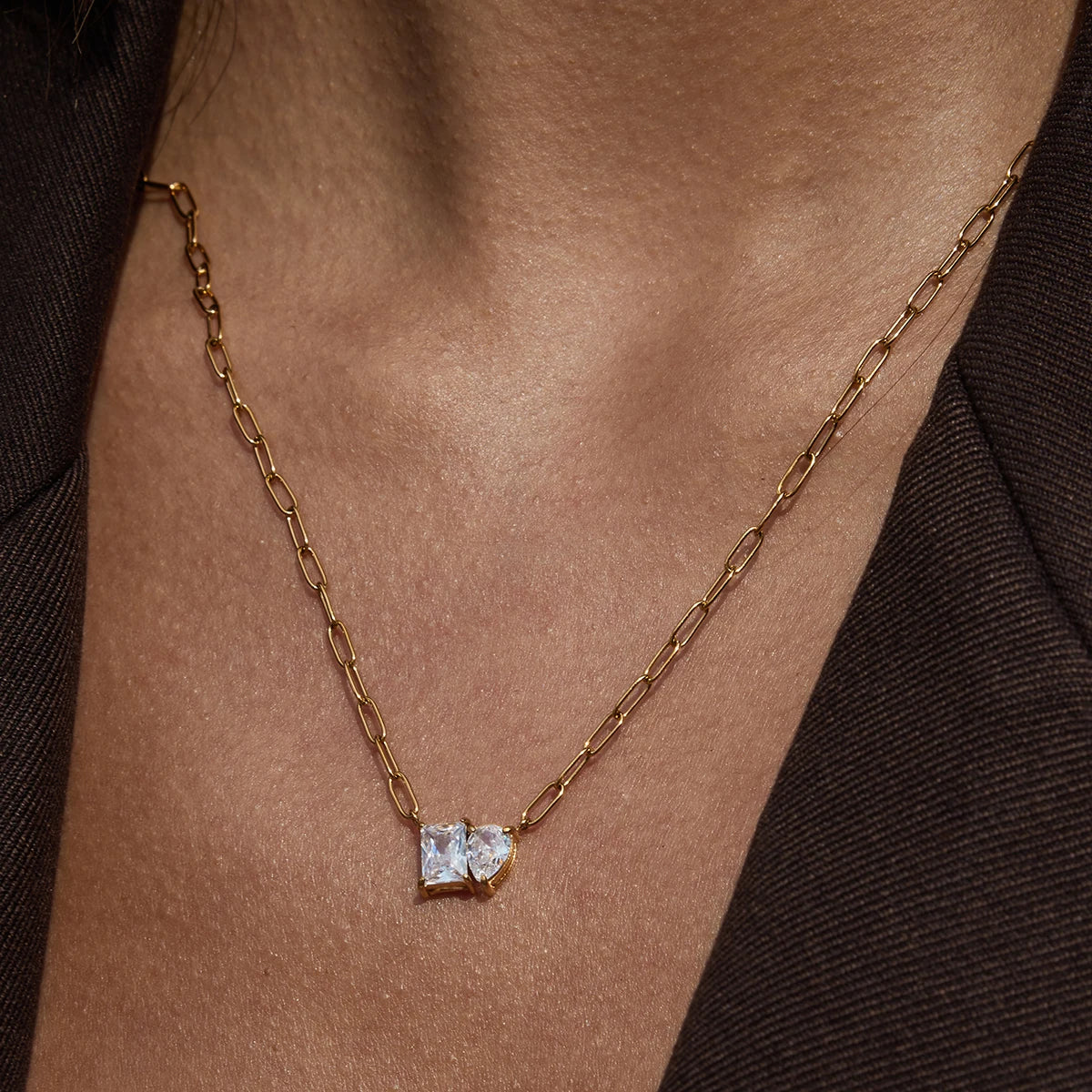 Kika Simple Classic 18K Gold Color Plated Stainless Steel Square White Zircon Water Drop Pendant Necklace