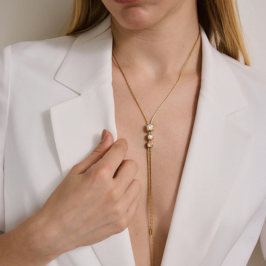 KIKA Round Heart Zircon Adjustable Long Chain Necklace For Women 18K Gold PVD Plated Stainless Steel 316L