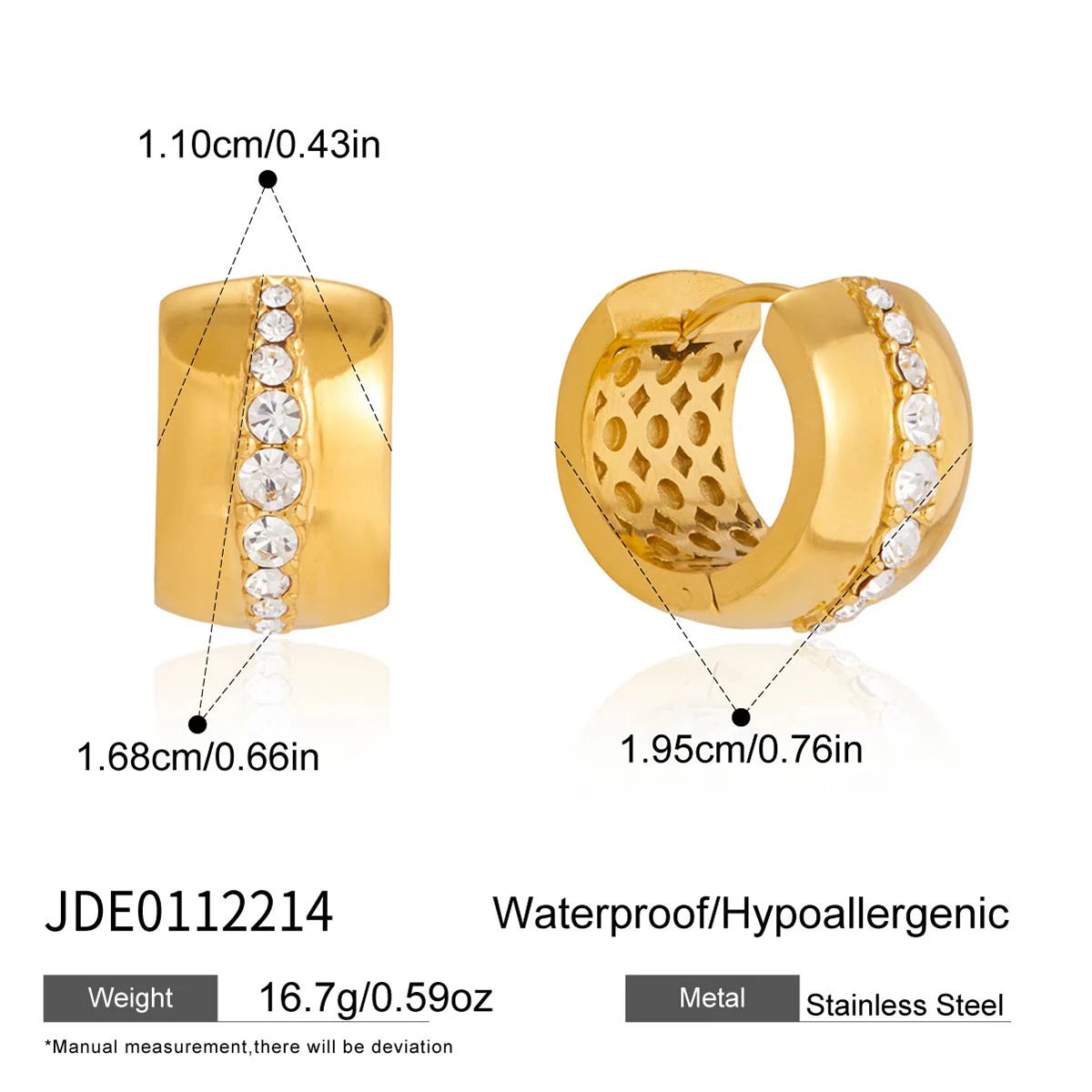 Classic Gold Color Wide-Faced Ear Buckle Earring With White Rhinestone
