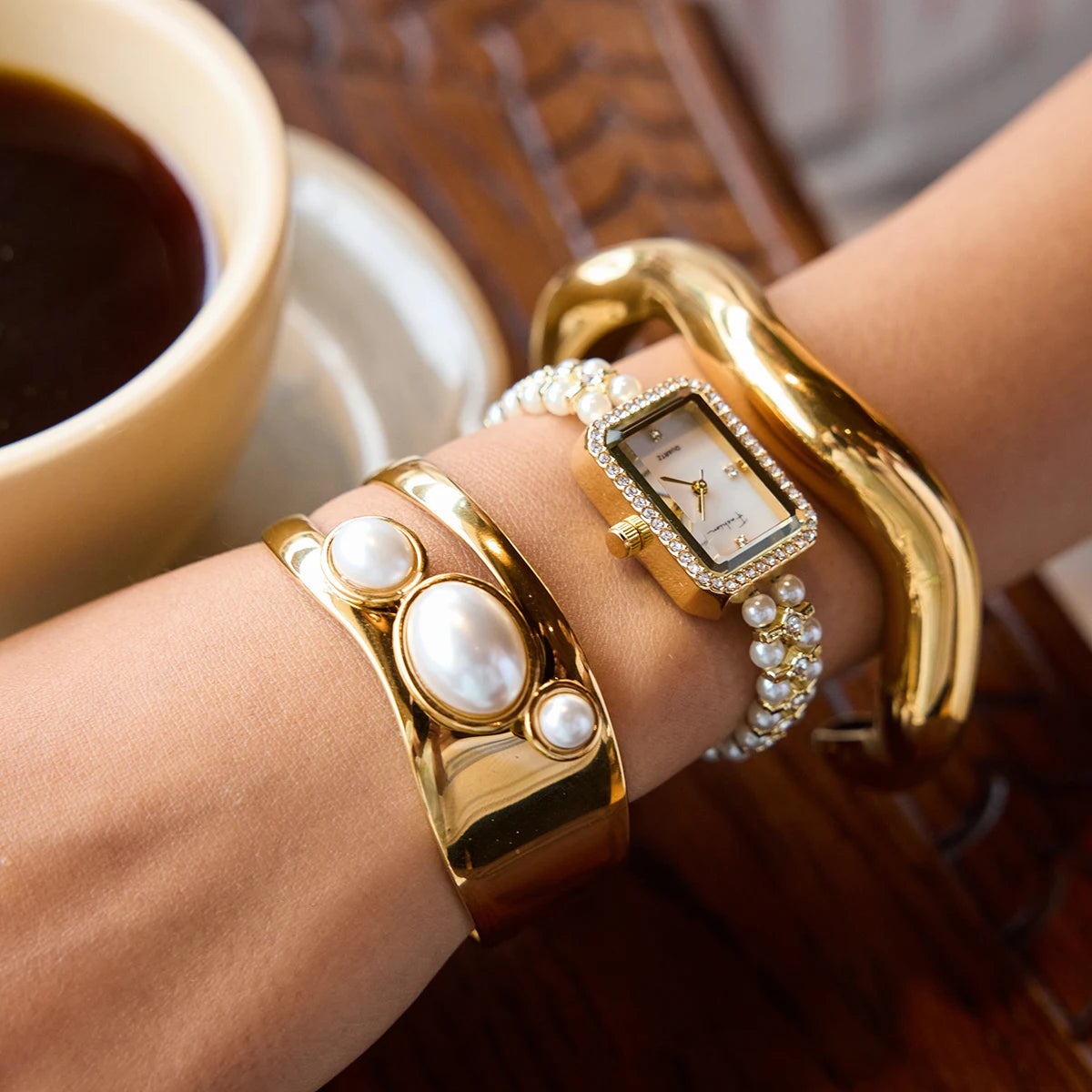 KIKA Fashion Pearl Rectangular Watch PVD  Plated Stainless Steel 316L