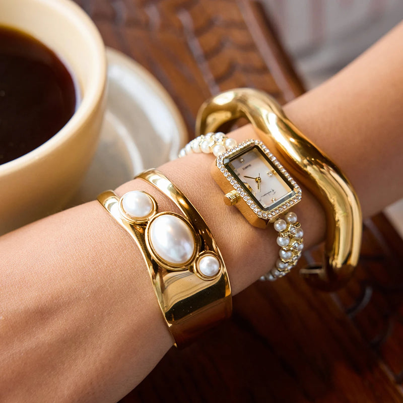 KIKA Fashion Pearl Rectangular Watch PVD  Plated Stainless Steel 316L